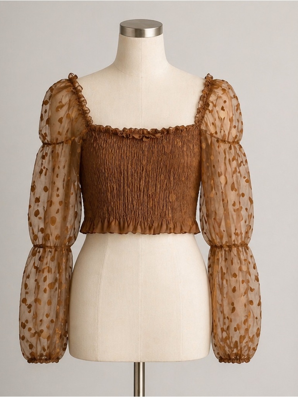 Sheer Polka Dot Puff Sleeve Smocked Crop Top Brown Ruffle Mesh Size XS Romantic